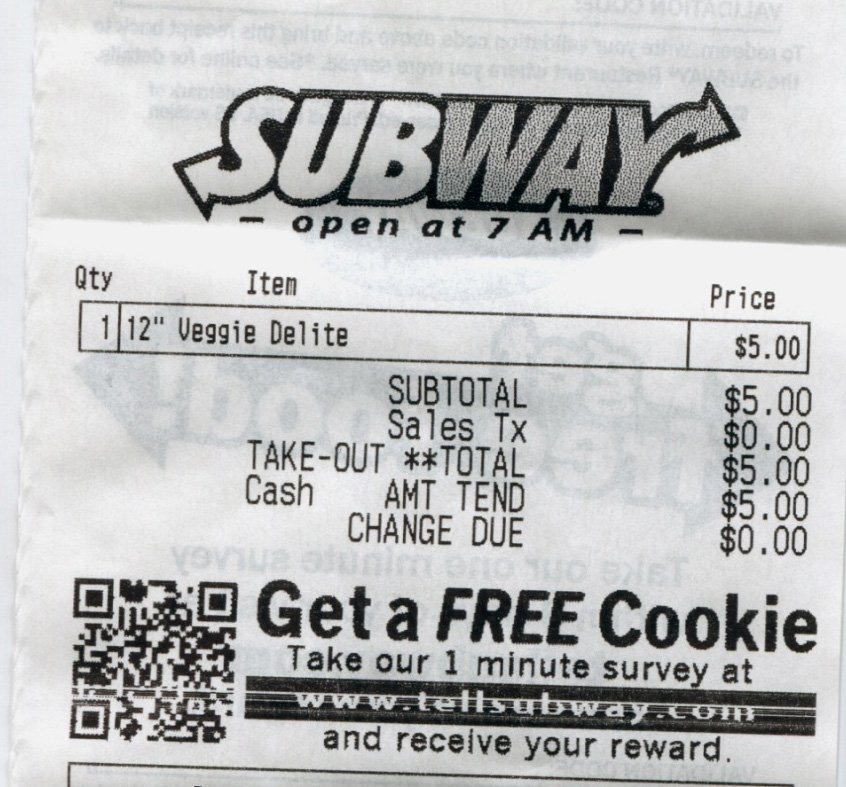 Subway receipt